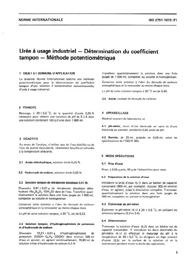 ISO 2751:1973 - Urée a usage industriel -- Détermination du coefficient tampon -- Méthode potentiométrique