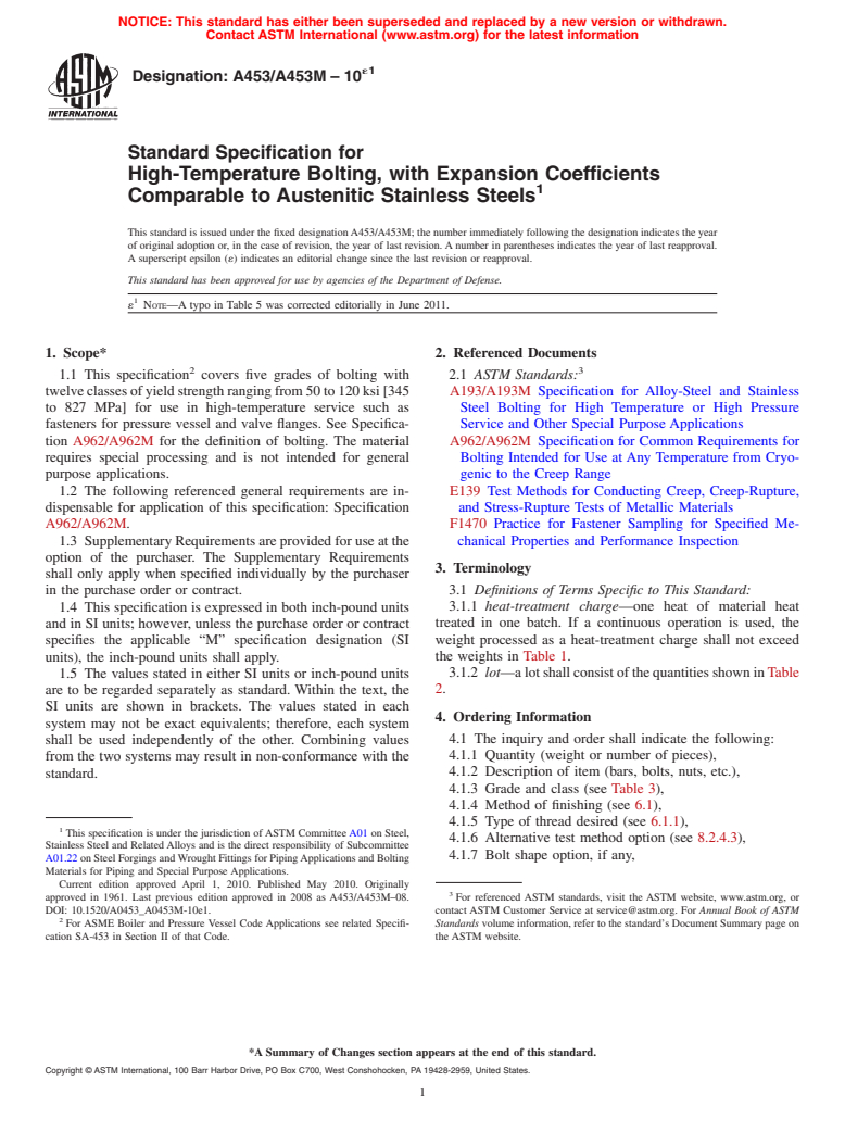 ASTM A453/A453M-10e1 - Standard Specification for  High-Temperature Bolting, with Expansion Coefficients Comparable to Austenitic Stainless Steels