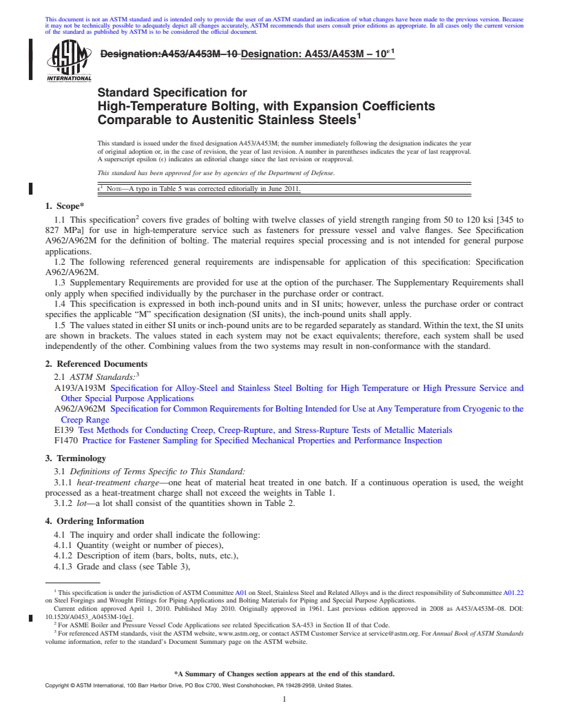 REDLINE ASTM A453/A453M-10e1 - Standard Specification for  High-Temperature Bolting, with Expansion Coefficients Comparable to Austenitic Stainless Steels