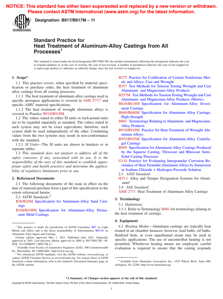 ASTM B917/B917M-11 - Standard Practice for Heat Treatment of Aluminum-Alloy Castings from All Processes