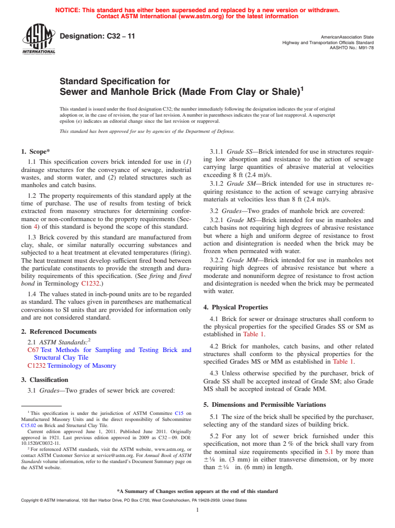 ASTM C32-11 - Standard Specification for  Sewer and Manhole Brick (Made From Clay or Shale)