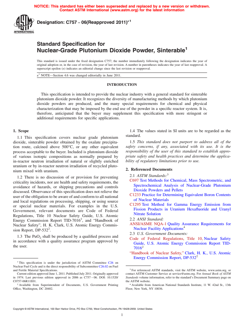 ASTM C757-06(2011)e1 - Standard Specification for Nuclear-Grade Plutonium Dioxide Powder, Sinterable