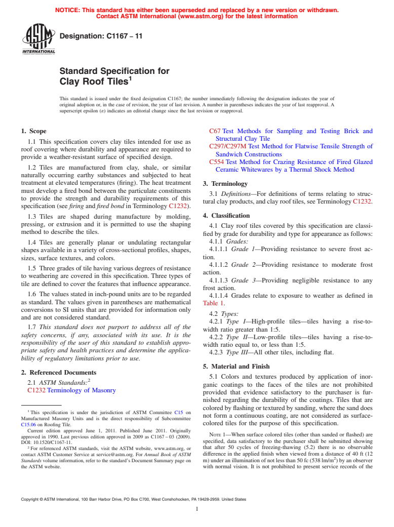 ASTM C1167-11 - Standard Specification for Clay Roof Tiles