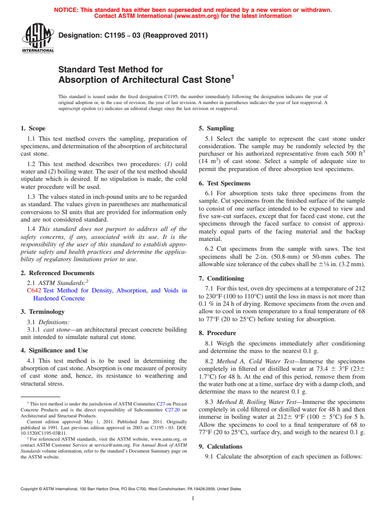 ASTM C1195-03(2011) - Standard Test Method for Absorption of Architectural Cast Stone