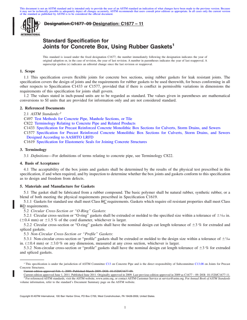 REDLINE ASTM C1677-11 - Standard Specification for Joints for Concrete Box, Using Rubber Gaskets