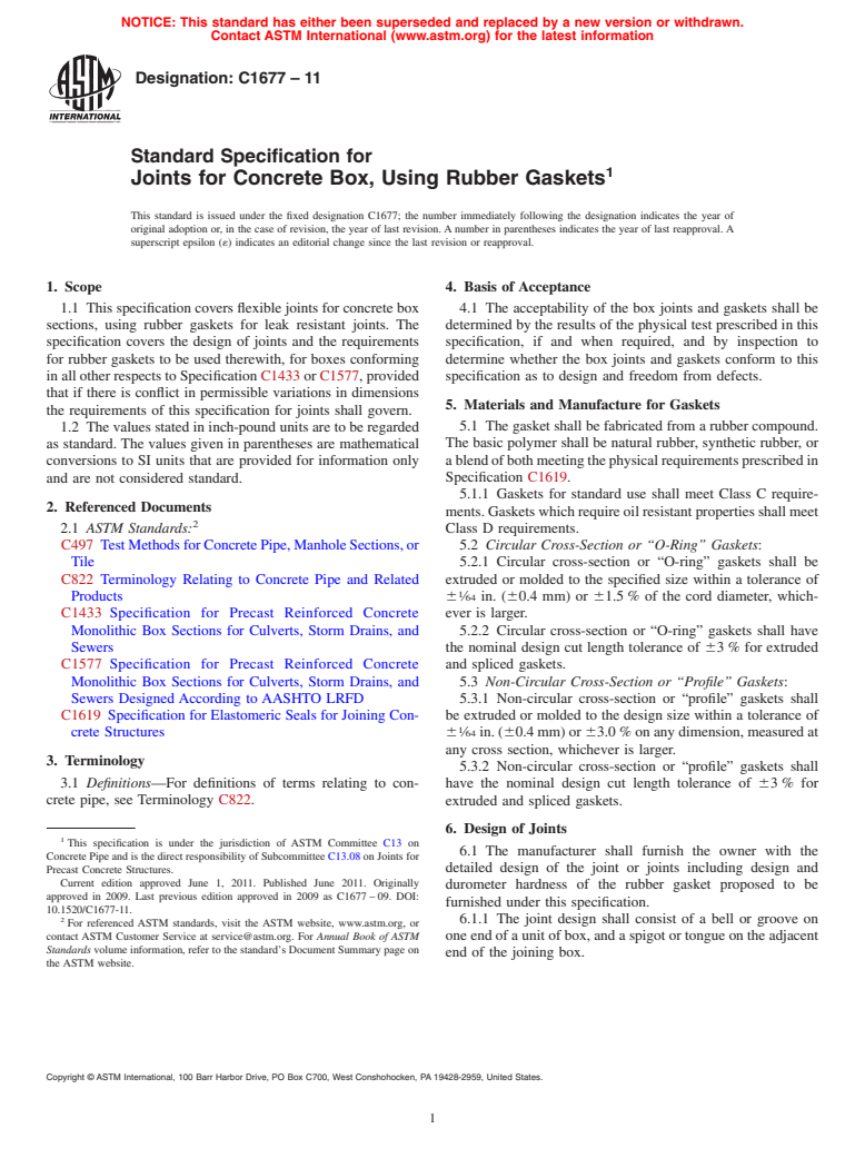 ASTM C1677-11 - Standard Specification for Joints for Concrete Box, Using Rubber Gaskets