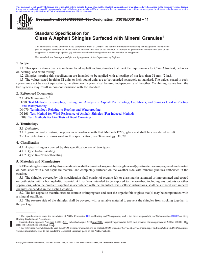 REDLINE ASTM D3018/D3018M-11 - Standard Specification for  Class A Asphalt Shingles Surfaced with Mineral Granules