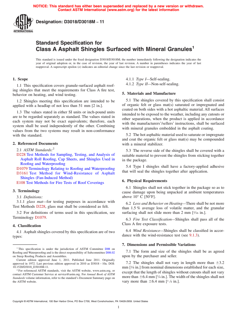 ASTM D3018/D3018M-11 - Standard Specification for  Class A Asphalt Shingles Surfaced with Mineral Granules