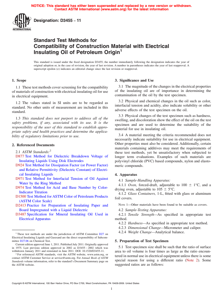 ASTM D3455-11 - Standard Test Methods for  Compatibility of Construction Material with Electrical Insulating Oil of Petroleum Origin