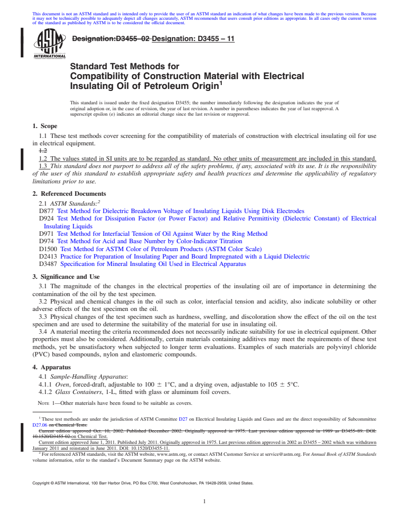 REDLINE ASTM D3455-11 - Standard Test Methods for  Compatibility of Construction Material with Electrical Insulating Oil of Petroleum Origin