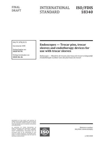 ISO/FDIS 18340 - Endoscopes -- Trocar pins, trocar sleeves and endotherapy devices for use with trocar sleeves