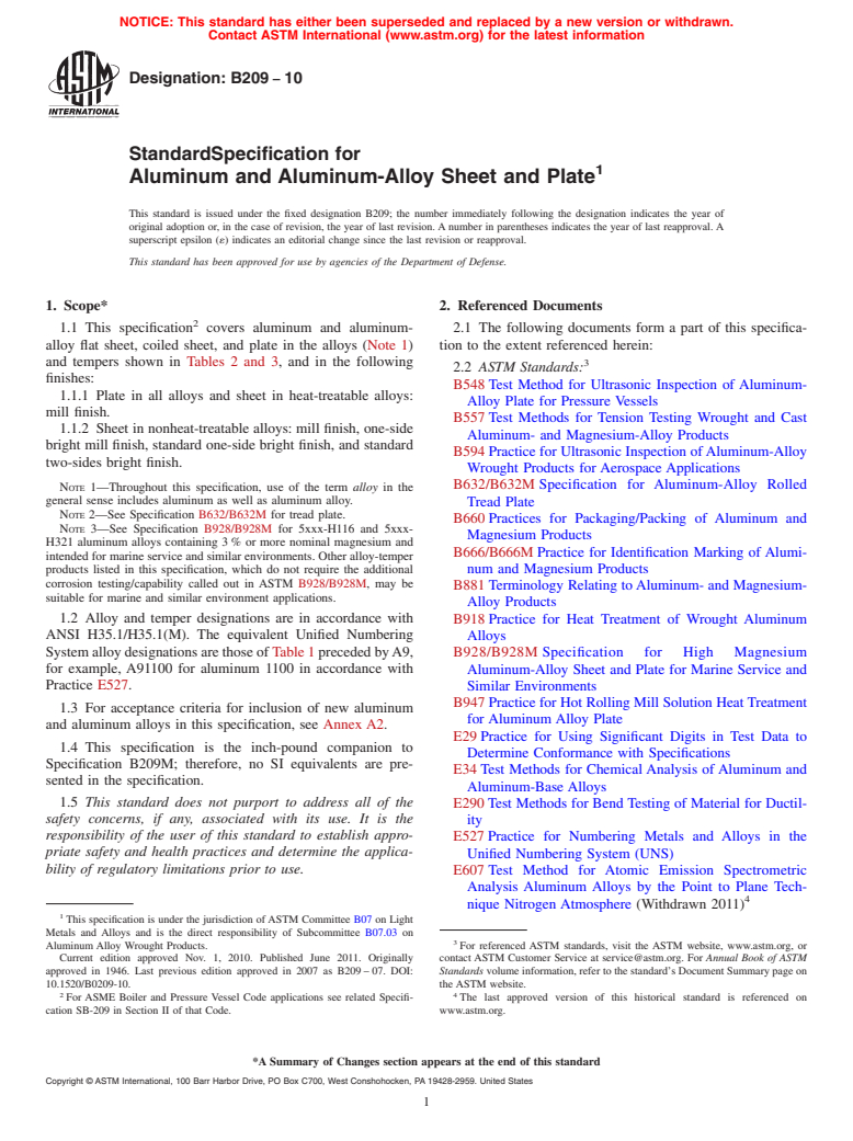 ASTM B209-10 - Standard Specification for Aluminum and Aluminum-Alloy Sheet and Plate