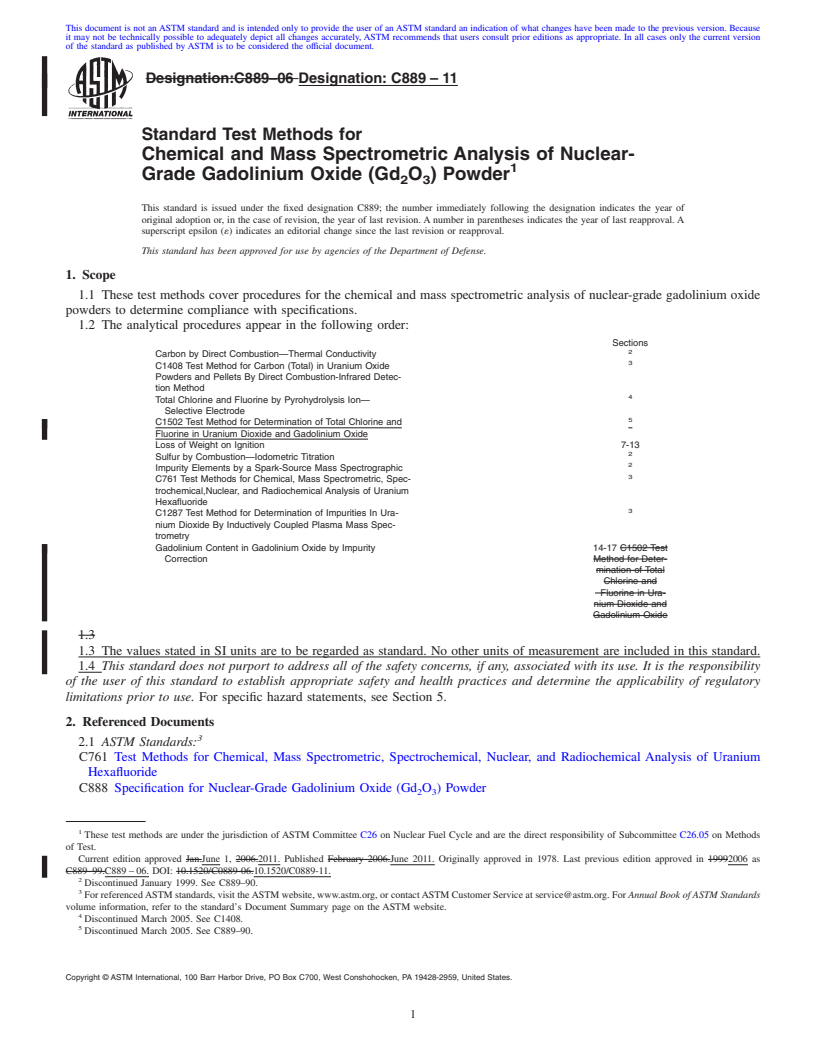 REDLINE ASTM C889-11 - Standard Test Methods for  Chemical and Mass Spectrometric Analysis of Nuclear-Grade Gadolinium Oxide (Gd<sub>2</sub>O<sub>3</sub>) Powder