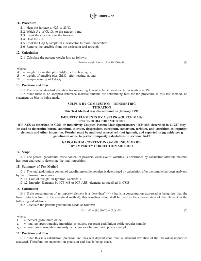 REDLINE ASTM C889-11 - Standard Test Methods for  Chemical and Mass Spectrometric Analysis of Nuclear-Grade Gadolinium Oxide (Gd<sub>2</sub>O<sub>3</sub>) Powder