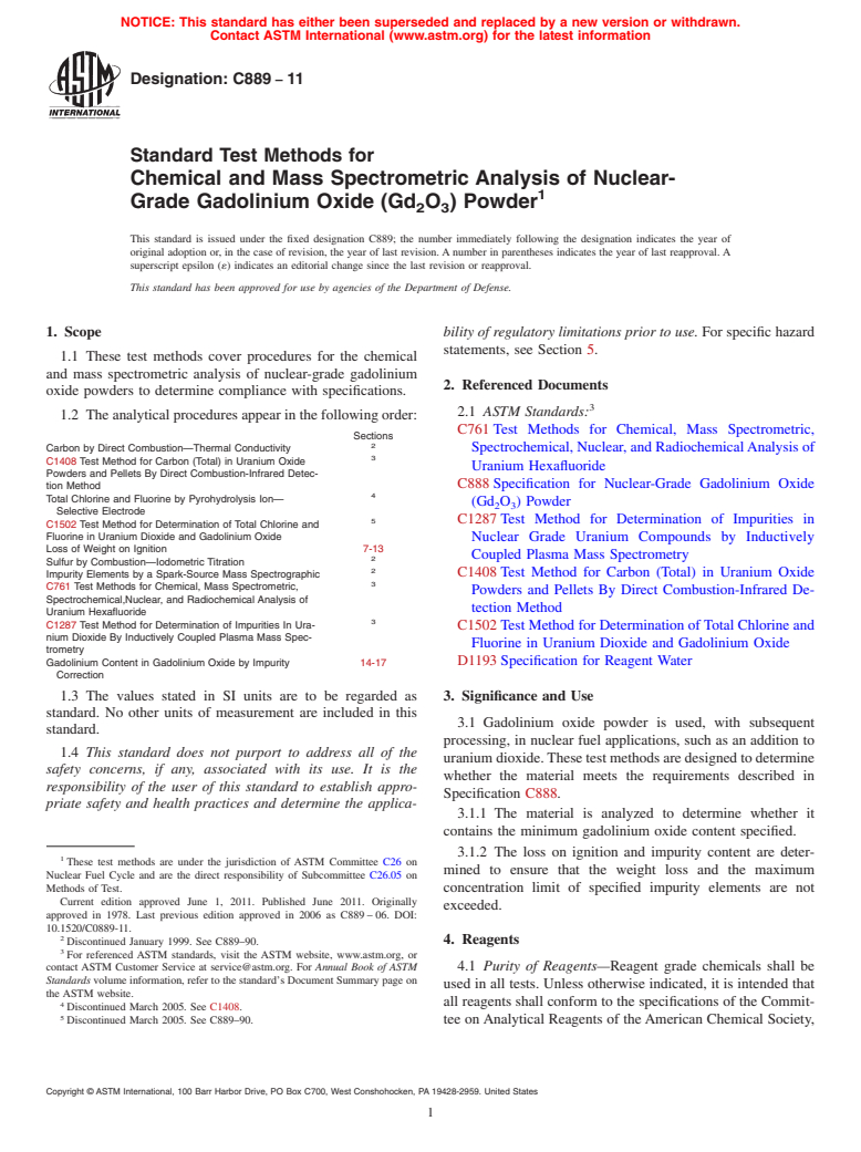 ASTM C889-11 - Standard Test Methods for  Chemical and Mass Spectrometric Analysis of Nuclear-Grade Gadolinium Oxide (Gd<sub>2</sub>O<sub>3</sub>) Powder