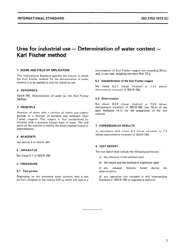 ISO 2753:1973 - Urea for industrial use -- Determination of water content -- Karl Fischer method