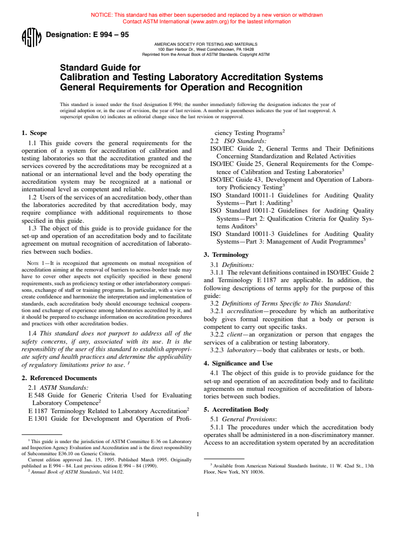 ASTM E994-95 - Standard Guide for Calibration and Testing Laboratory Accreditation Systems General Requirements for Operation and Recognition (Withdrawn 2004)