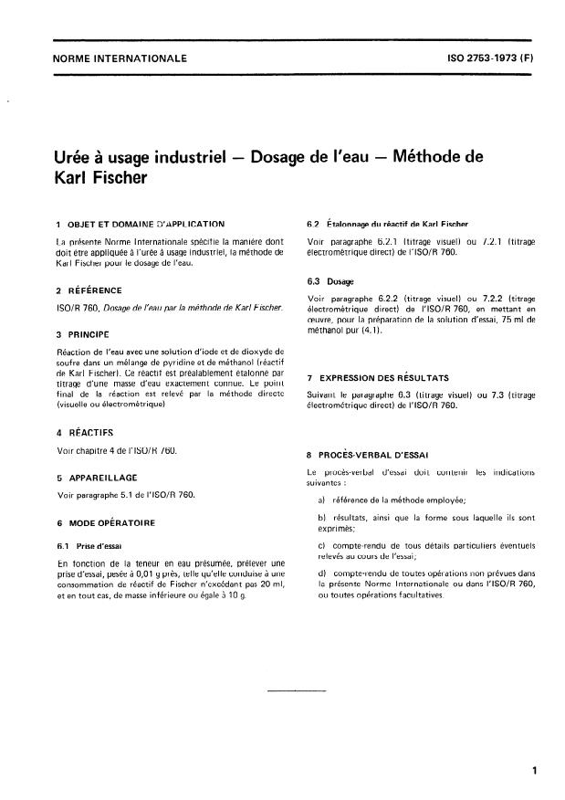 ISO 2753:1973 - Urée a usage industriel -- Dosage de l'eau -- Méthode de Karl Fischer
