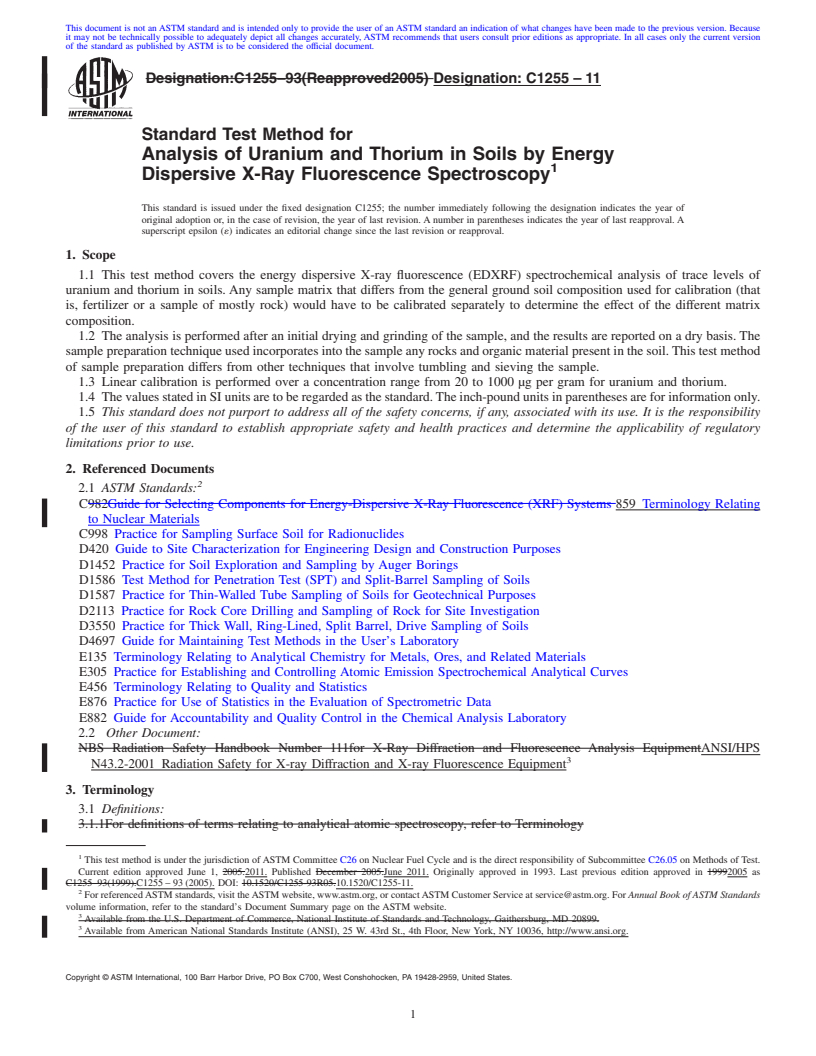 REDLINE ASTM C1255-11 - Standard Test Method for  Analysis of Uranium and Thorium in Soils by Energy Dispersive X-Ray Fluorescence Spectroscopy