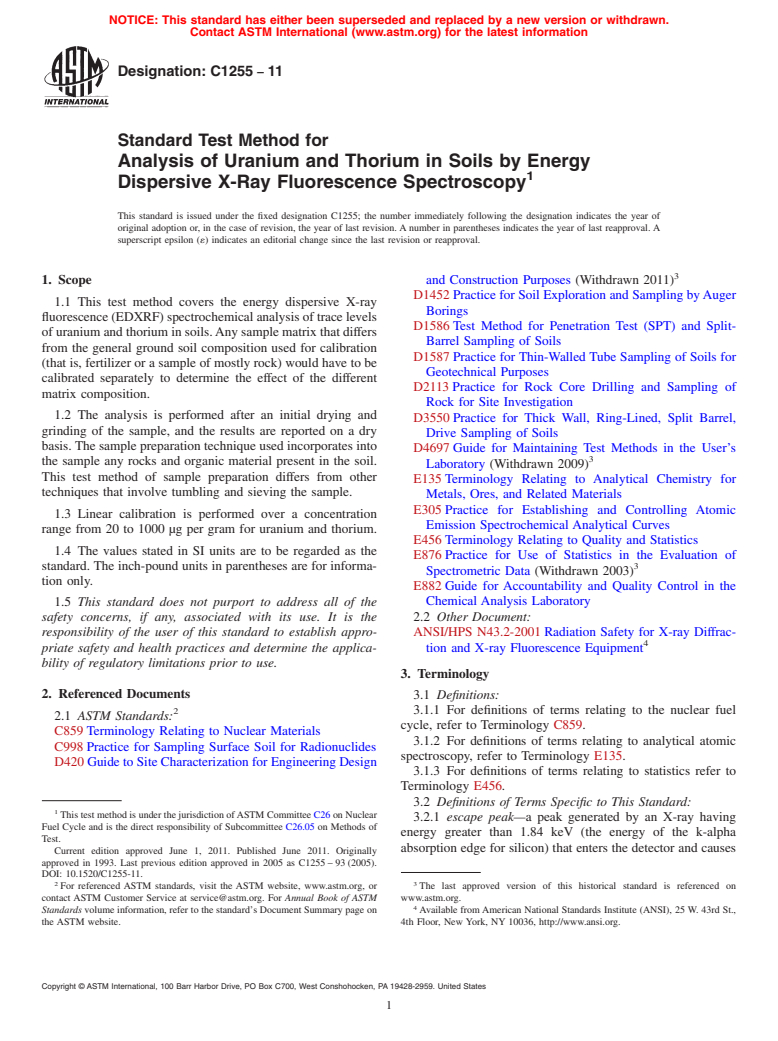 ASTM C1255-11 - Standard Test Method for  Analysis of Uranium and Thorium in Soils by Energy Dispersive X-Ray Fluorescence Spectroscopy