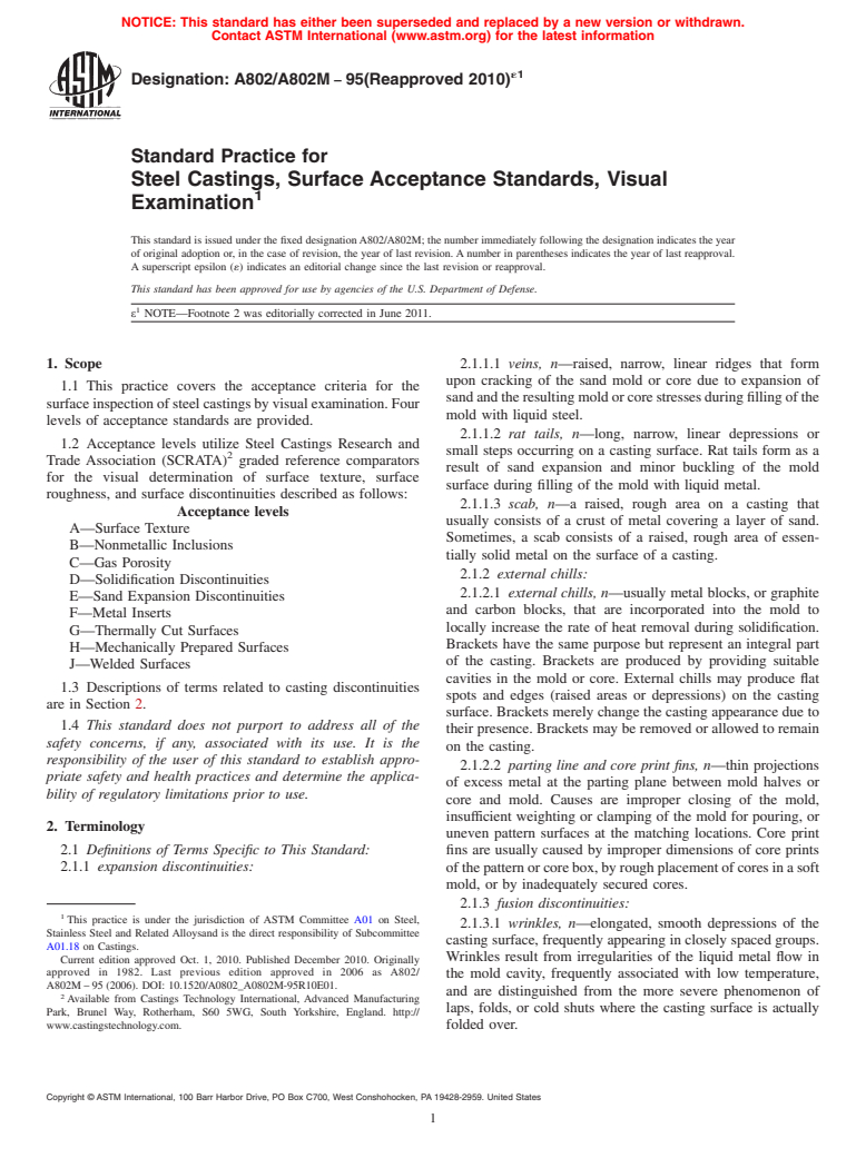 ASTM A802/A802M-95(2010)e1 - Standard Practice for Steel Castings, Surface Acceptance Standards, Visual Examination