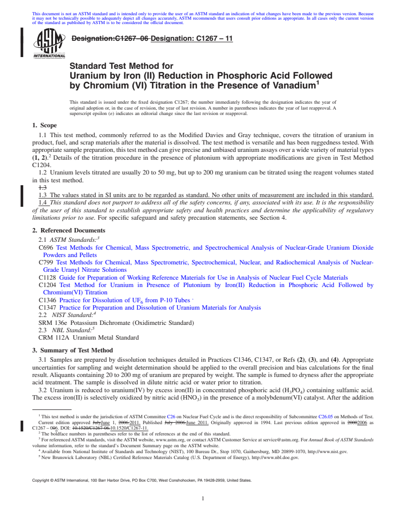 REDLINE ASTM C1267-11 - Standard Test Method for Uranium by Iron (II) Reduction in Phosphoric Acid Followed by Chromium (VI) Titration in the Presence of Vanadium