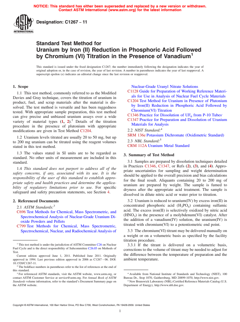 ASTM C1267-11 - Standard Test Method for Uranium by Iron (II) Reduction in Phosphoric Acid Followed by Chromium (VI) Titration in the Presence of Vanadium