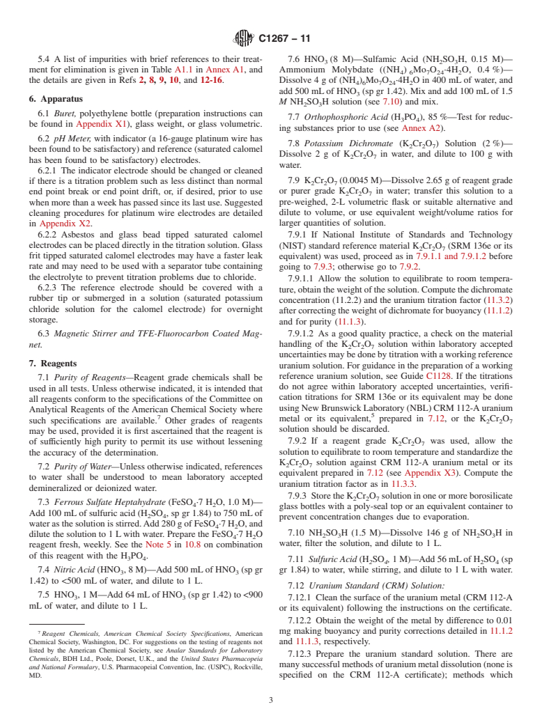 ASTM C1267-11 - Standard Test Method for Uranium by Iron (II) Reduction in Phosphoric Acid Followed by Chromium (VI) Titration in the Presence of Vanadium