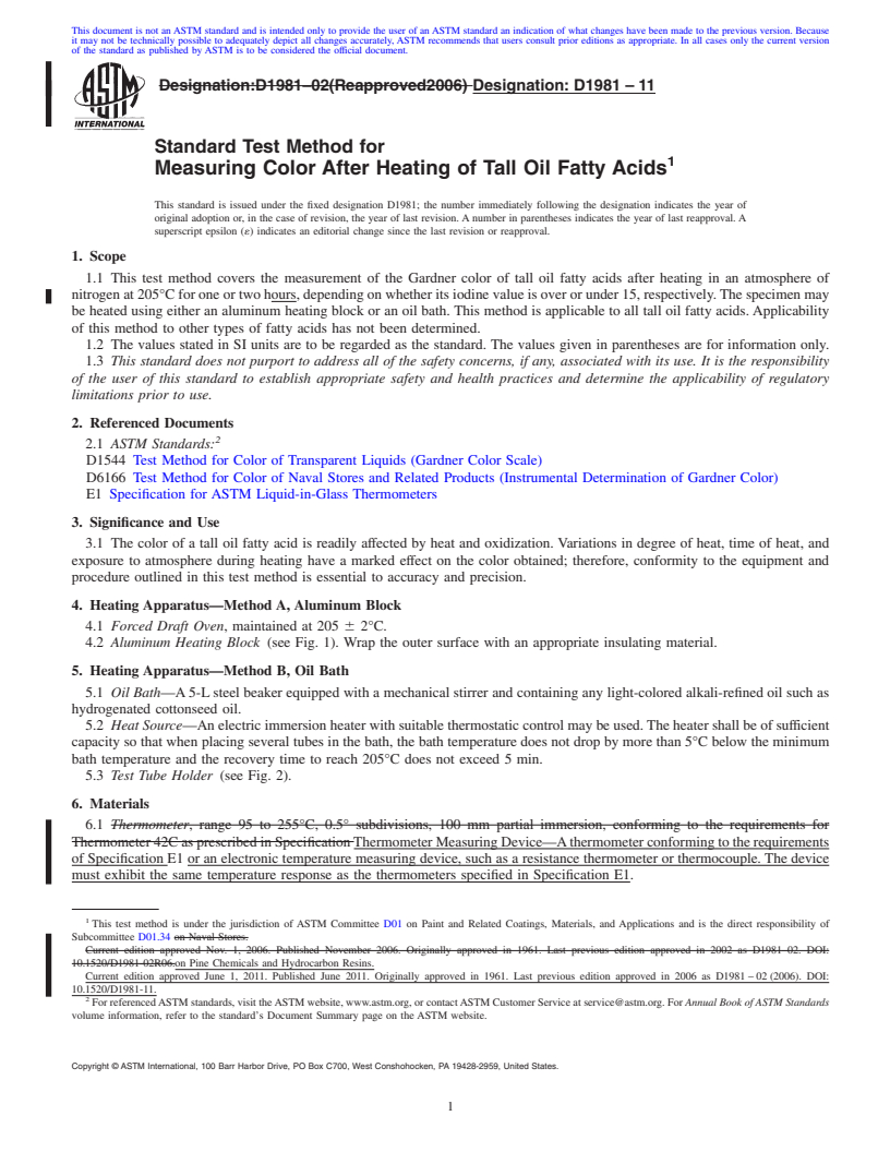 REDLINE ASTM D1981-11 - Standard Test Method for Measuring Color After Heating of Tall Oil Fatty Acids