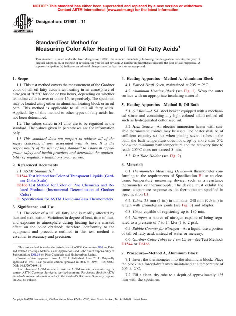 ASTM D1981-11 - Standard Test Method for Measuring Color After Heating of Tall Oil Fatty Acids