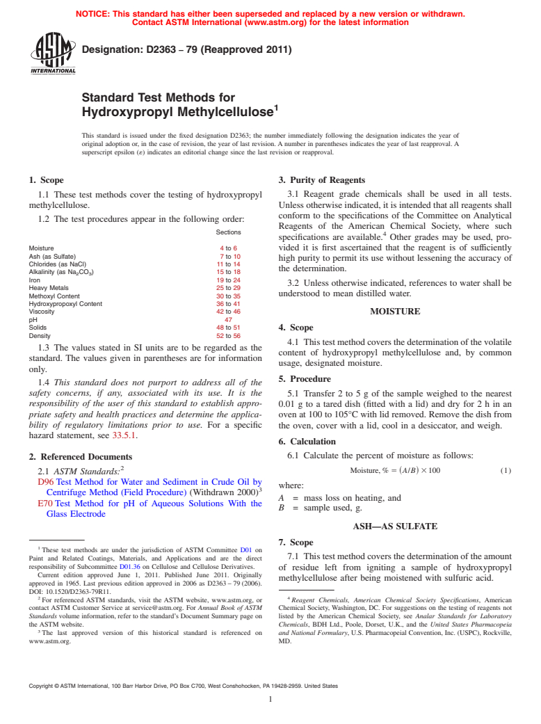 ASTM D2363-79(2011) - Standard Test Methods for Hydroxypropyl Methylcellulose