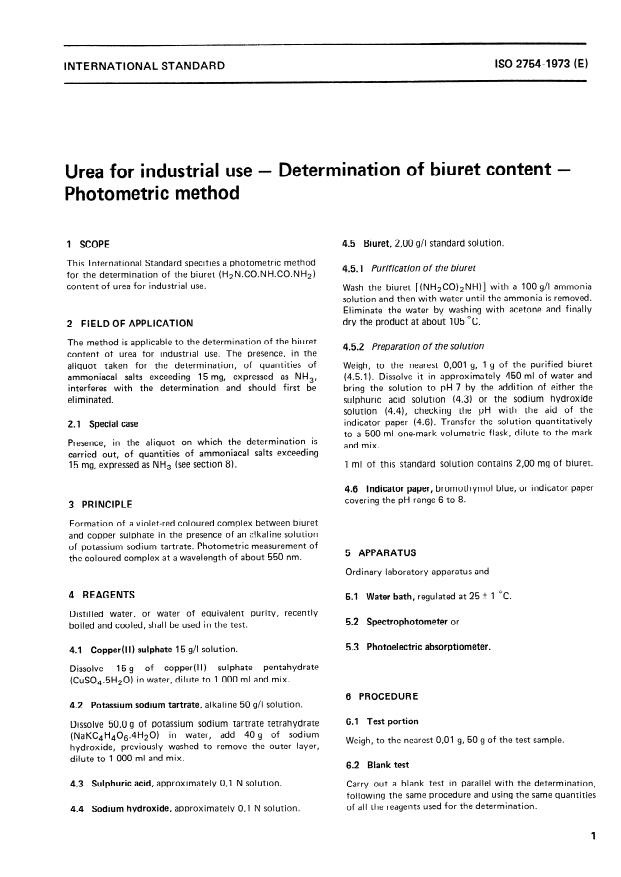 ISO 2754:1973 - Urea for industrial use -- Determination of biuret content -- Photometric method