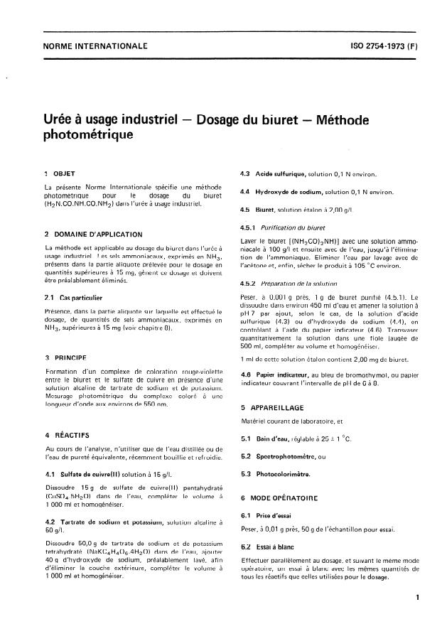 ISO 2754:1973 - Urée a usage industriel -- Dosage du biuret -- Méthode photométrique
