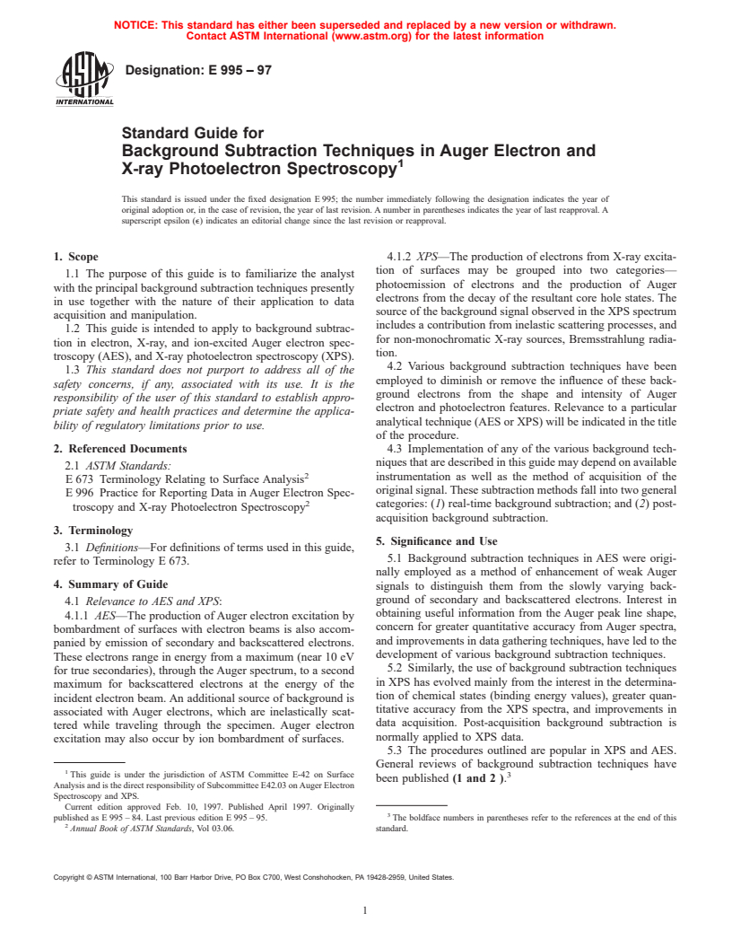 ASTM E995-97 - Standard Guide for Background Subtraction Techniques in Auger Electron and X-ray Photoelectron Spectroscopy