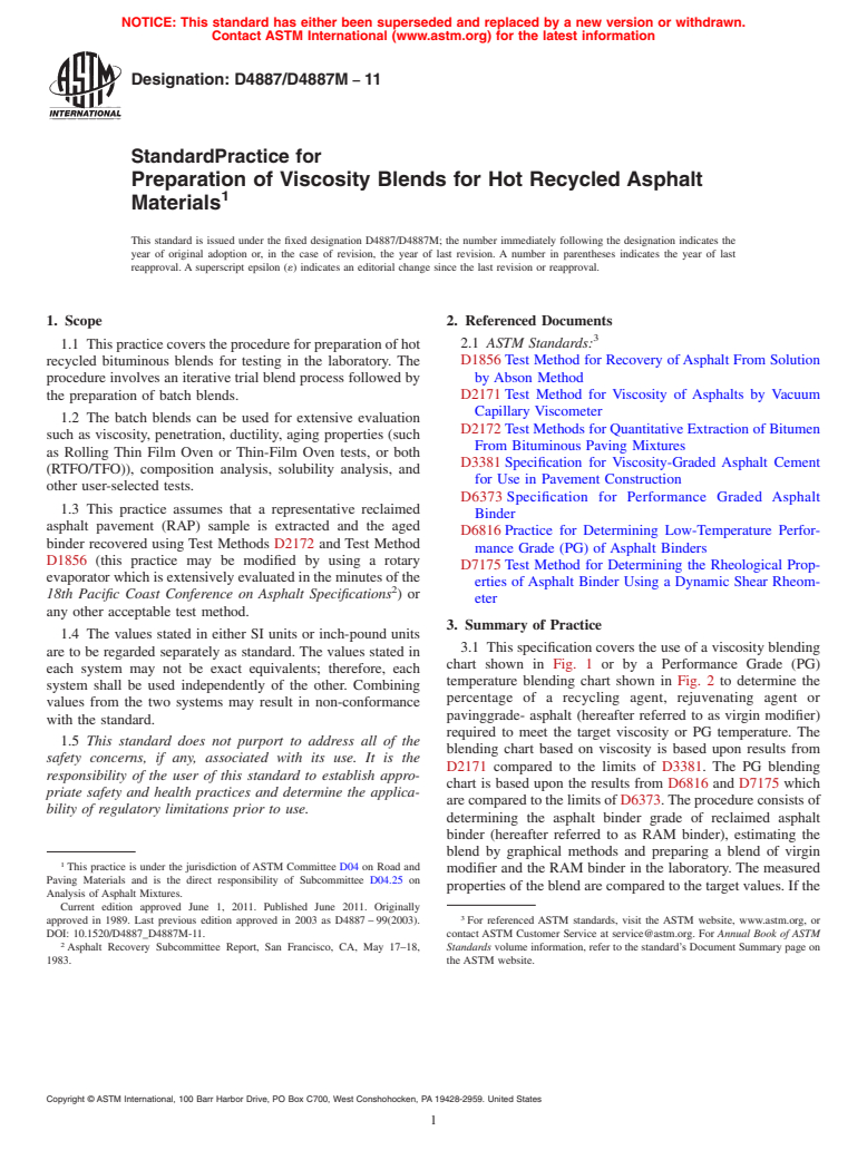 ASTM D4887/D4887M-11 - Standard Practice for Preparation of Viscosity Blends for Hot Recycled Bituminous Materials