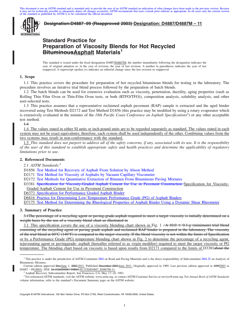 REDLINE ASTM D4887/D4887M-11 - Standard Practice for Preparation of Viscosity Blends for Hot Recycled Bituminous Materials