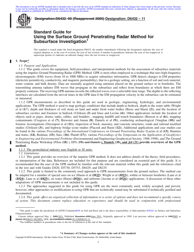 REDLINE ASTM D6432-11 - Standard Guide for Using the Surface Ground Penetrating Radar Method for Subsurface Investigation