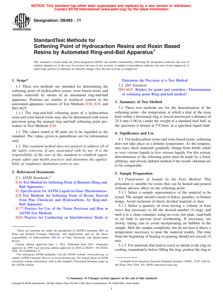 ASTM D6493-11 - Standard Test Methods for Softening Point of Hydrocarbon Resins and Rosin Based Resins by Automated Ring-and-Ball Apparatus
