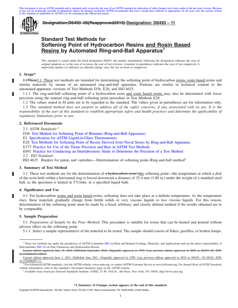 REDLINE ASTM D6493-11 - Standard Test Methods for Softening Point of Hydrocarbon Resins and Rosin Based Resins by Automated Ring-and-Ball Apparatus