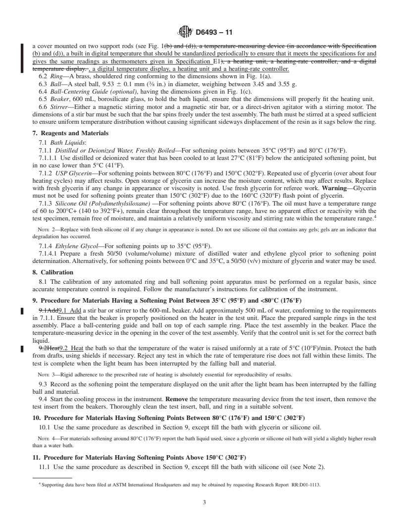 REDLINE ASTM D6493-11 - Standard Test Methods for Softening Point of Hydrocarbon Resins and Rosin Based Resins by Automated Ring-and-Ball Apparatus