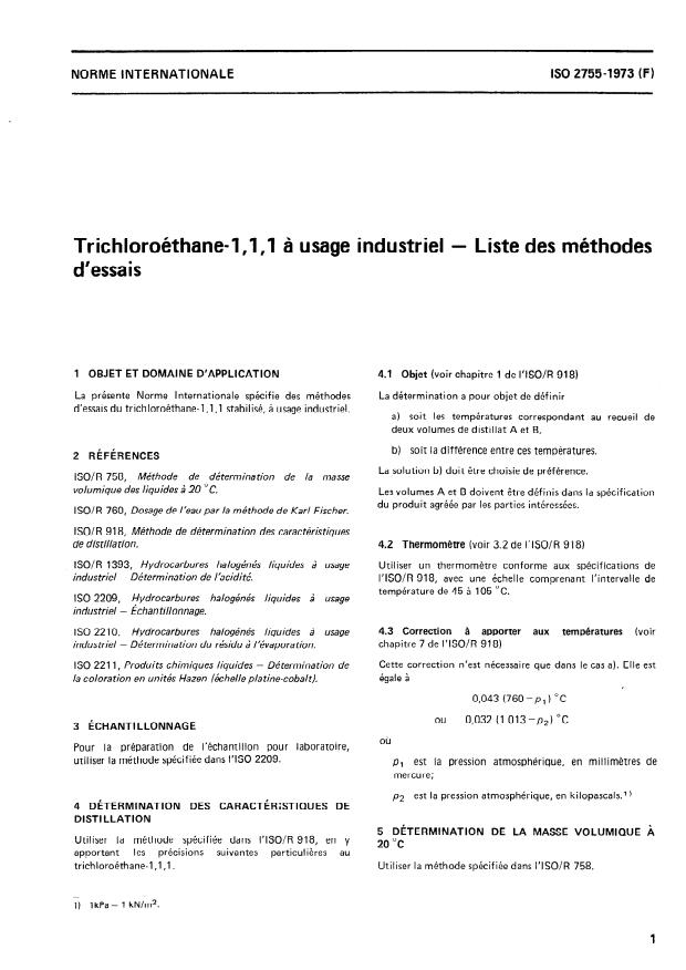 ISO 2755:1973 - Trichloroéthane-1,1,1 a usage industriel -- Liste des méthodes d'essais