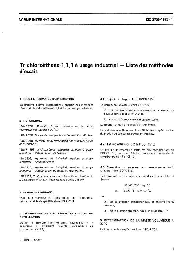 ISO 2755:1973 - Trichloroéthane-1,1,1 a usage industriel -- Liste des méthodes d'essais