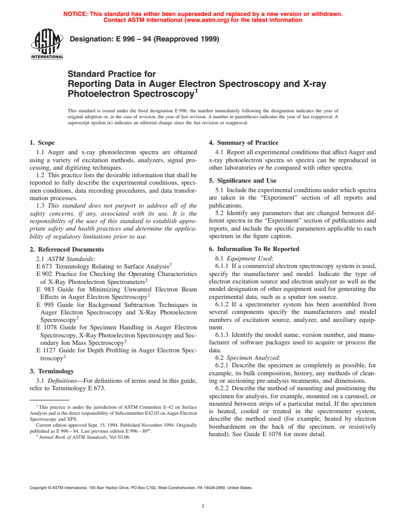 ASTM E996-94(1999) - Standard Practice for Reporting Data in Auger Electron Spectroscopy and X-ray Photoelectron Spectroscopy