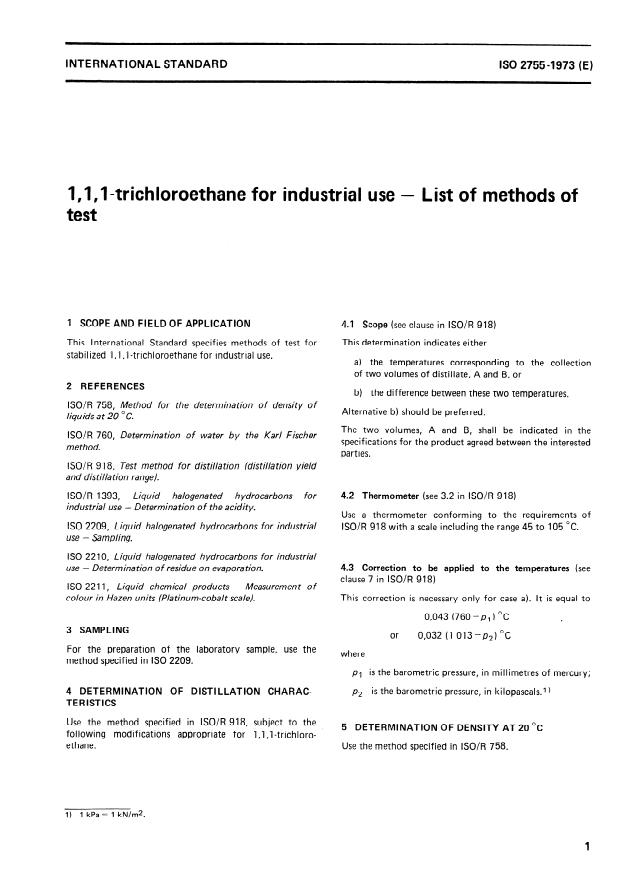 ISO 2755:1973 - 1,1,1- Trichloroethane for industrial use -- List of methods of test