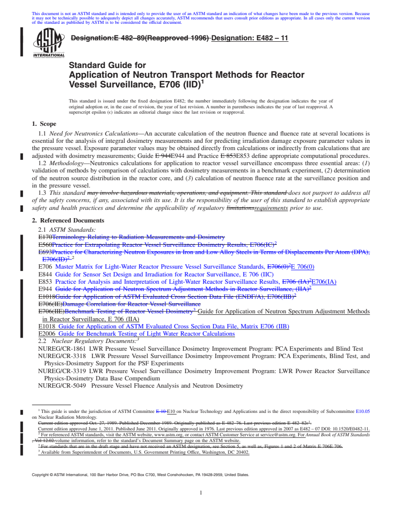 REDLINE ASTM E482-11 - Standard Guide for  Application of Neutron Transport Methods for Reactor Vessel Surveillance, E706 (IID)