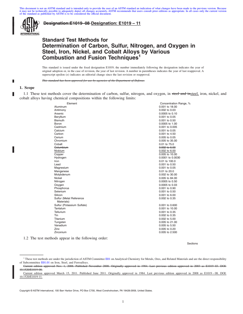 REDLINE ASTM E1019-11 - Standard Test Methods for  Determination of Carbon, Sulfur, Nitrogen, and Oxygen in Steel, Iron, Nickel, and Cobalt Alloys by Various Combustion and Fusion Techniques