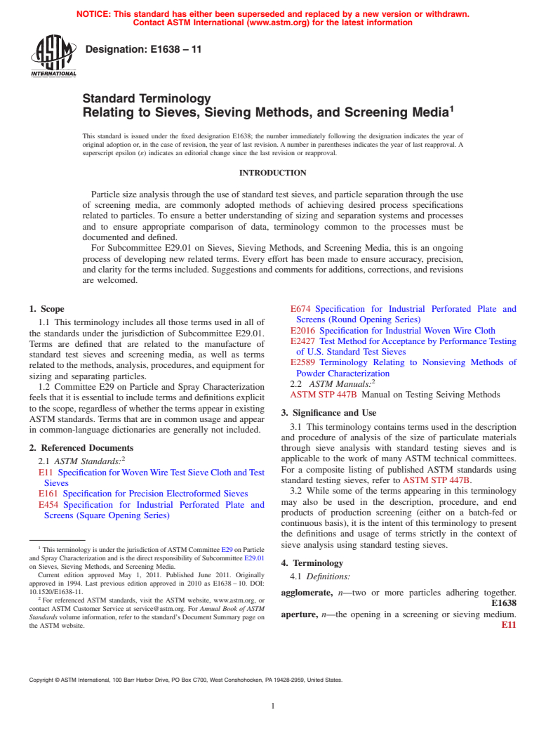 ASTM E1638-11 - Standard Terminology Relating to Sieves, Sieving Methods, and Screening Media