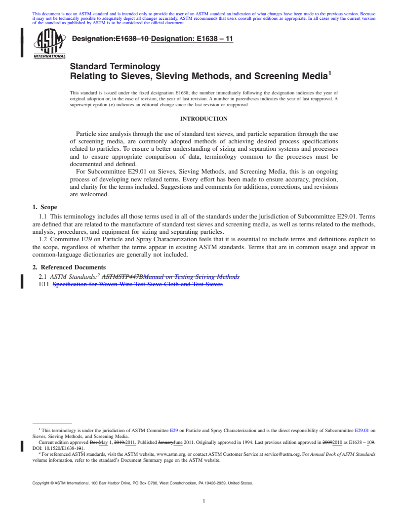 REDLINE ASTM E1638-11 - Standard Terminology Relating to Sieves, Sieving Methods, and Screening Media