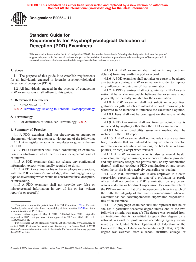 ASTM E2065-11 - Standard Guide for Ethical Requirements for Psychophysiological Detection of Deception (PDD) Examiners (Withdrawn 2020)