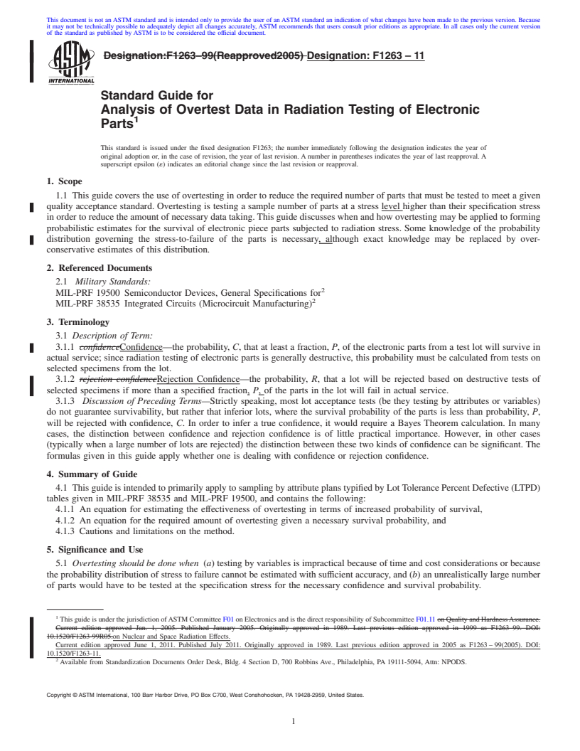 REDLINE ASTM F1263-11 - Standard Guide for Analysis of Overtest Data in Radiation Testing of Electronic Parts